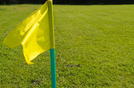 Yellow flags on the green grass of a football playing field
