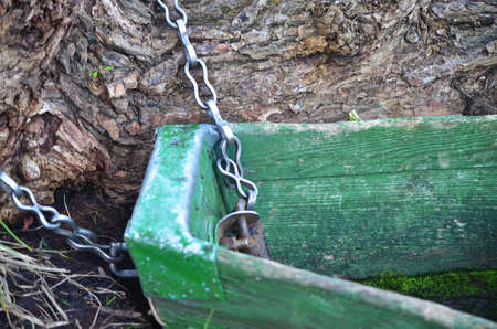 The old boat is tied to a tree trunk by a chain