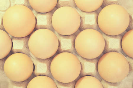 Brown eggs in a cardboard tray for eggsの写真素材