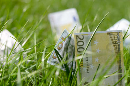 Denominations of dollars and euros in green grassの写真素材