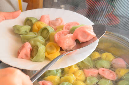 Multicolored ravioli for a festive menu are cooked in a pan and on a plateの写真素材