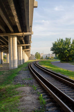 Transport safety concept. Railroad, road, road bridge.