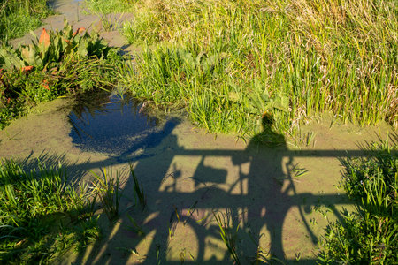 Shadows of two people cyclists on opaque water.