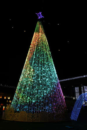 Christmas tree and dangling ornaments of electric lights in the night city. Christmas Concept.
