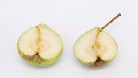 Two parts of a pear on a white paper background.の写真素材