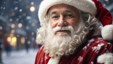 Close-up portrait of Santa Claus on the street, it is snowing at night, against the backdrop of the lights of the festive city, rejoicing, looking at the camera.の素材