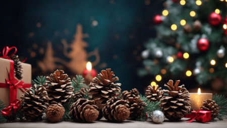 Gift box, burning candle, fir cones, on the background of a Christmas tree.の素材