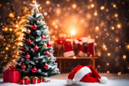 Traditional Christmas background from a Christmas tree decorated with red balls, red gift boxes, Santa hats, illumination, holiday lights.の素材
