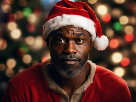 An African-American man in a Santa Claus hat, wearing red clothes, looks at the camera, against the backdrop of holiday lights.の素材