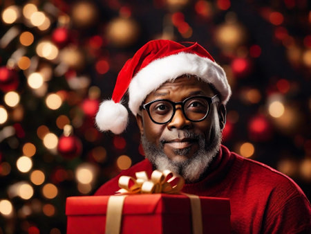 Portrait of a cute bearded smiling African American man in a festive New Year's outfit and a Christmas hat, wearing glasses, holding a gift box.の素材