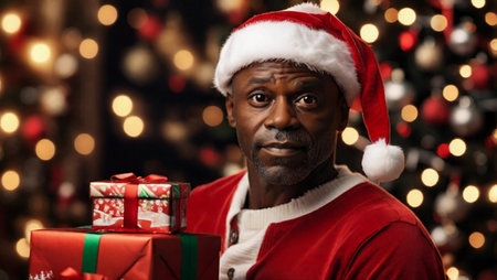 Portrait of a cute bearded smiling African American man in a festive New Year's outfit and a Christmas hat, holding a gift box.の素材