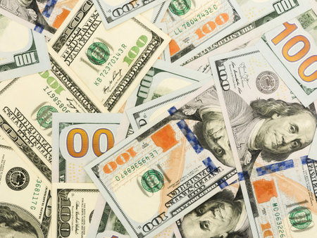 Banknotes of 100 American dollars top view, close-up.の写真素材