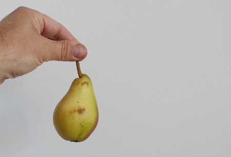 A man's hand holds a slightly spoiled yellow pear on a white background.....の写真素材