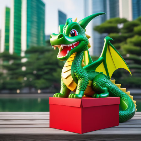 Chinese New Year. Yellow - green Chinese, fairytale dragon with a gift box against the background of the city.の素材