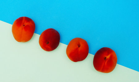 Four apricots top view on a blue and white background diagonally.の写真素材