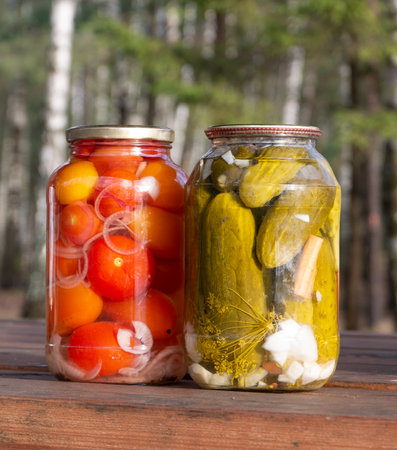 Two jars with pickled cucumbers and tomatoes are on a wooden table in nature.の写真素材