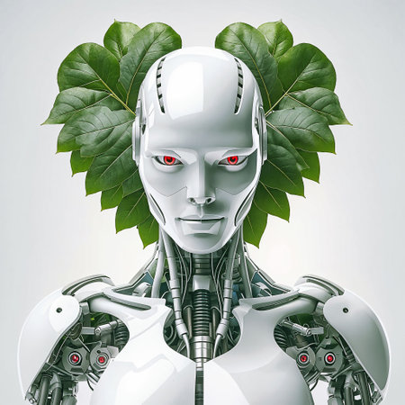 A robot with red eyes and leaves for hair is posed with its hands crossed in front of its chest.の素材