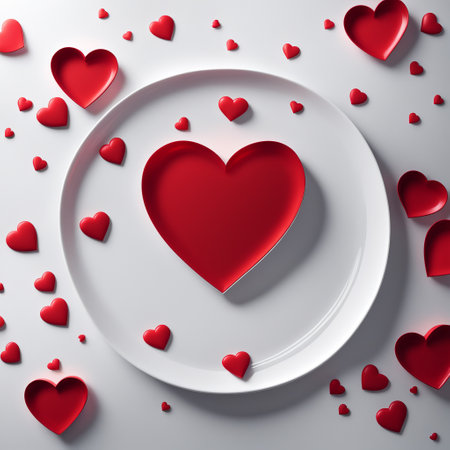 Red love heart in white plate. Round plate on a white decorative background with red hearts.の素材