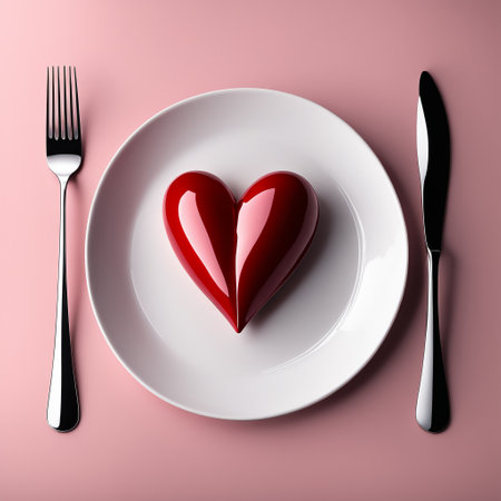 Red decorative heart on a white, round plate on a pink background, fork, knife, top view.の素材