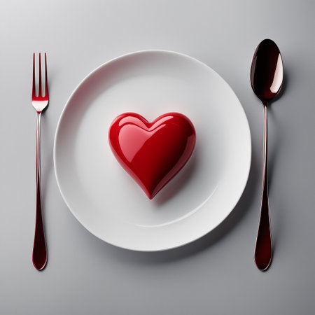 Red decorative heart on a white plate, fork and spoon on a white background, top view.の素材