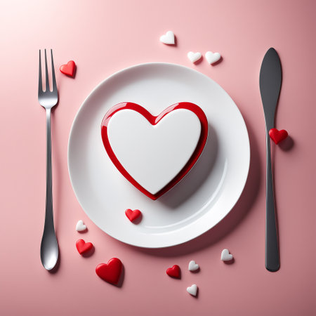 Heart-shaped cake lies on a white plate, fork, knife on a pink decorative background, top view.の素材
