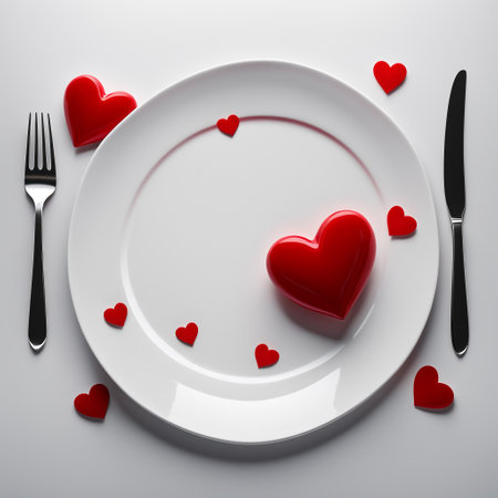 Red decorative heart on a white plate, fork and spoon on a white background, top view.の素材