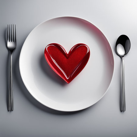 Red decorative heart on a white plate, fork and spoon on a white background, top view.の素材