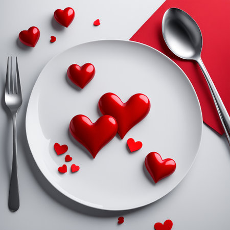 Red decorative hearts lie on a white round plate, red napkin, spoon, fork, on a white background, top view.の素材