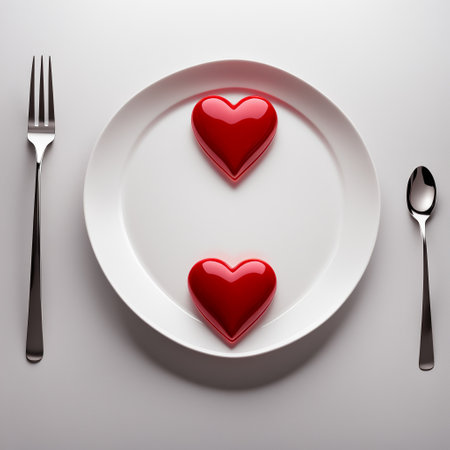 Two red decorative hearts on a white plate, a fork and a spoon on a white background, top view.の素材