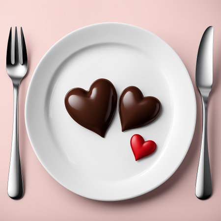 Three chocolate hearts lie on a white plate, fork, knife, on a light pink background, top view.の素材
