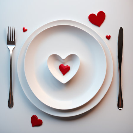 A decorative red heart lies in a white heart-shaped saucer, on a white large plate, fork, knife, on a white background, top view.の素材