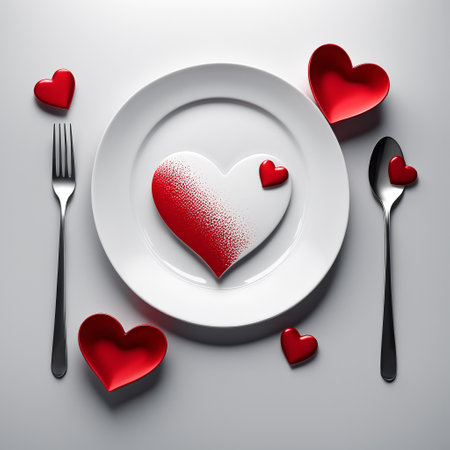 Red decorative hearts lie on a white round plate, spoon, fork, on a white background, top view.の素材