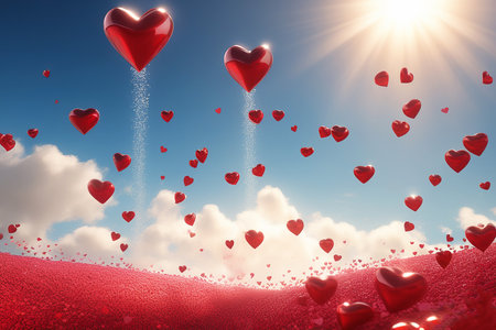 The image features a sky filled with red heart balloons, with the sun on the horizon.の素材