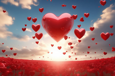 A field of red flowers with a sky background and many red hearts floating in the air.の素材