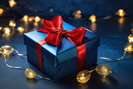 A blue gift box with a red ribbon sits on a table. The box is wrapped in a bow and surrounded by string lights. The background is dark blue.の素材