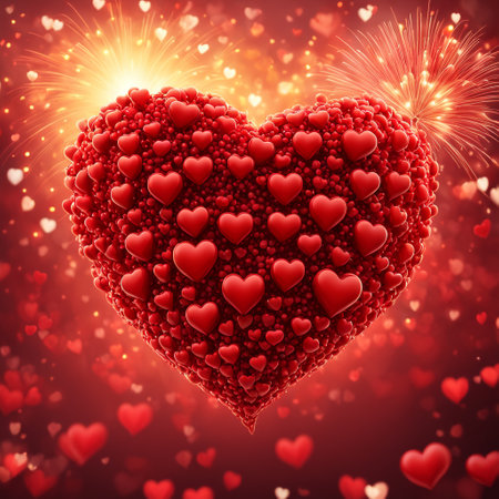 A large heart is made up of smaller hearts, with some red hearts floating around. Fireworks are seen in the background, with a bright light coming from within the large heart.の素材