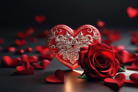 A red heart with an intricate design is surrounded by red rose petals and a note with a heart on it.の素材