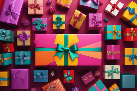 The image features a large colorful gift box with a green bow, surrounded by many other wrapped presents on a purple background.の素材