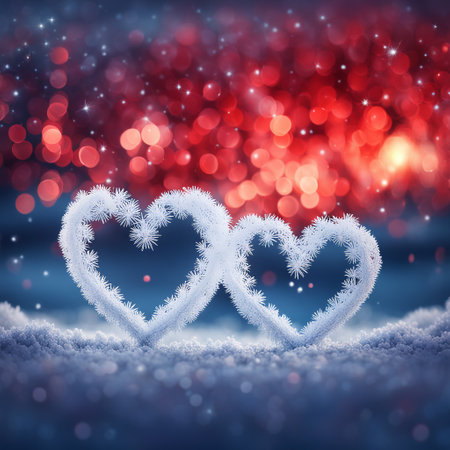 In the image, there are two white, frozen hearts in the snow with a red and blue bokeh background.の素材