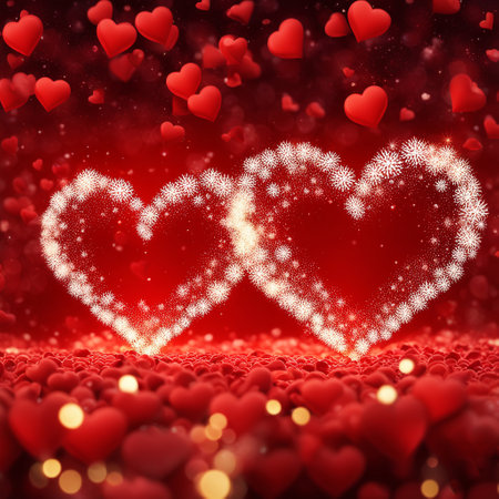 The image features a red background covered in small heart shapes, with a larger white heart outline in the center. The hearts are surrounded by white lights, and the background also contains a red gradient.の素材