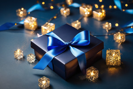 A blue gift box with a blue ribbon sits on a table. The box is surrounded by small, lit candles and has a few more candles placed around it. The background is a dark blue color.の素材