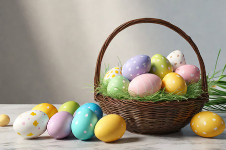 Multi-colored, decorated, Easter eggs in a basket with green grass on a gray studio background. Abstract Easter egg.の素材