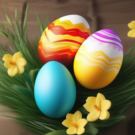 One blue and two decorated eggs in a plate on green grass, abstract drawing. Abstract Easter egg.の素材