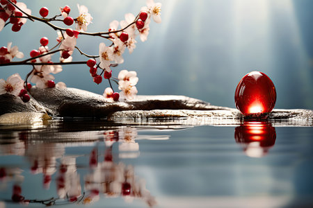 A red sphere emits a warm glow while delicately balanced on a smooth rock. Surrounding the sphere are the soft pink blossoms of a flowering branch, reflected in the still water surface beneath a gentle dusk light.の素材