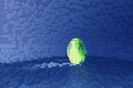 A vivid green, neon light, possibly from a light source resembling an egg, is casting an intense glow onto a surrounding textured surface composed of blue cubes, creating a fragmented and reflected effect that suggests digital artistry or a virtual space.の素材