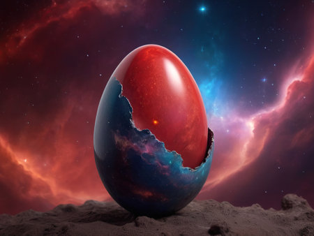 Broken egg in space. 3D illustration. Space background.の素材