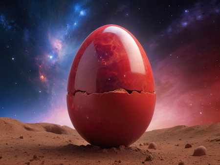 Red easter egg in the desert, 3d render. Space backgroundの素材