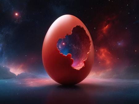 Broken red egg in space, 3d render, computer generatedの素材