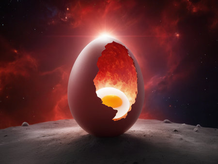 Cracked egg in space with red nebula. 3D renderingの素材