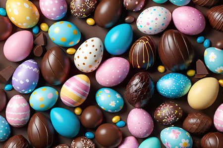 Abstract background of chocolate and other multi-colored, decorated Easter eggs. View from above. Happy easter.の素材